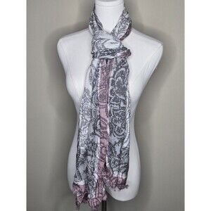 Talbots Paisley Rayon Oblong Scarf Soft Gray Pink Fringe Boho Cottagecore Chic